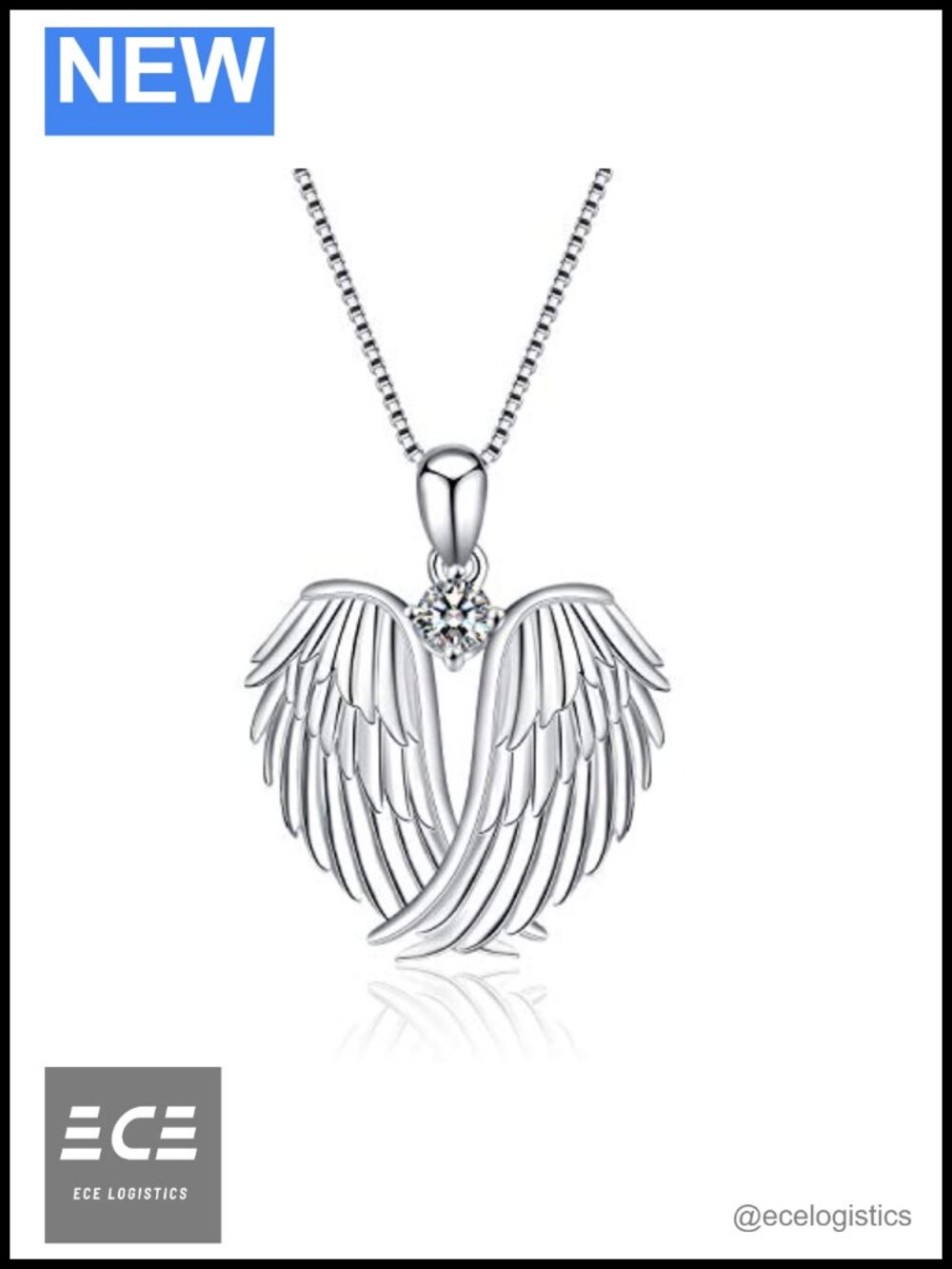 925 Sterling Silver Angel Wings Pendant Necklace Cubic Zirconia Box Chain